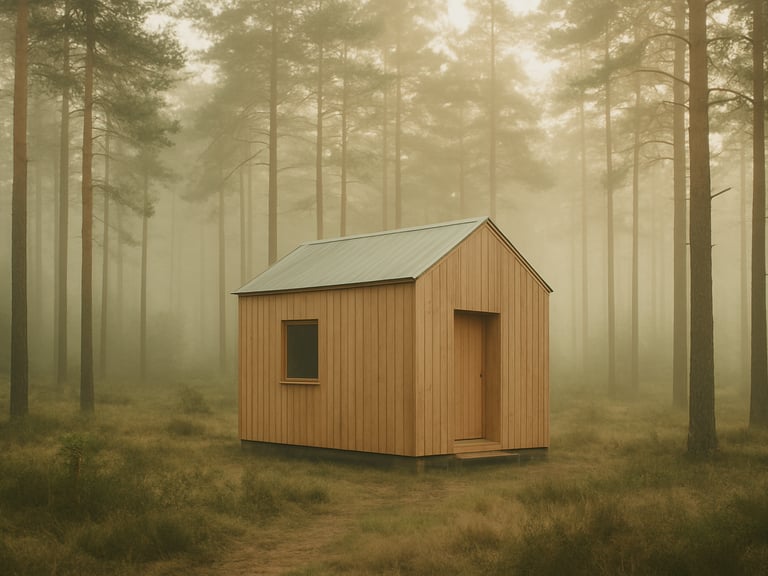 Wide environmental shot of a minimalist timber cabin nestled among tall misty pine trees, warm editorial photography, soft morning light, muted sage and sand tones, 35mm film style.