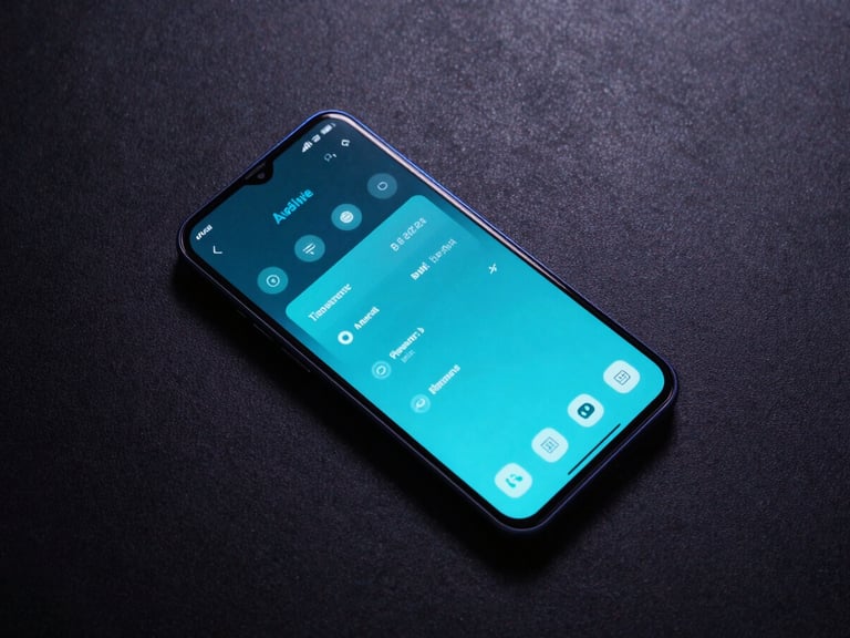 Top-down flat lay of a modern Android device on a dark textured surface, screen displaying a glowing cyan system diagnostics interface, low-key dramatic studio lighting with blue rim lights.