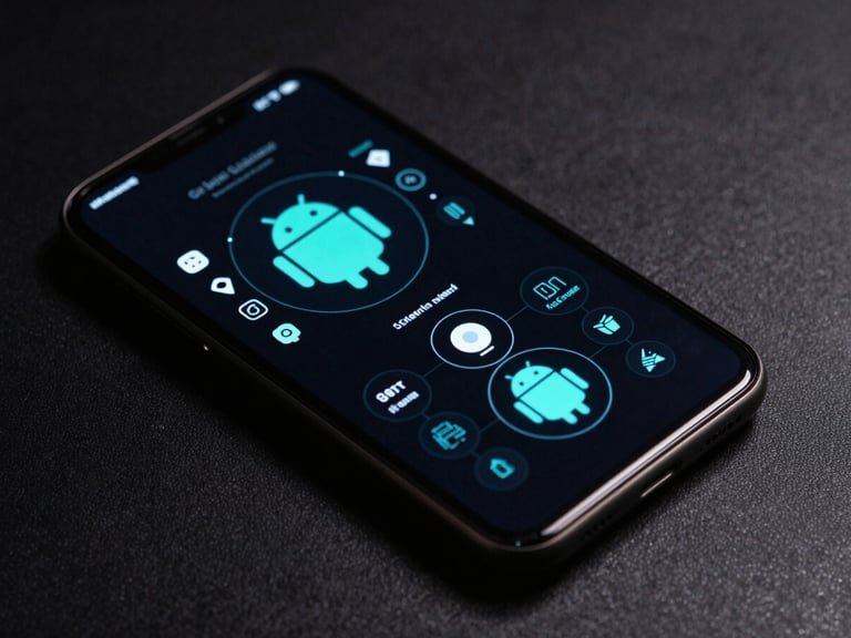 Extreme close-up of a modern Android device screen showing a high-contrast cyan system architecture diagram, low-key dramatic studio lighting, dark textured background