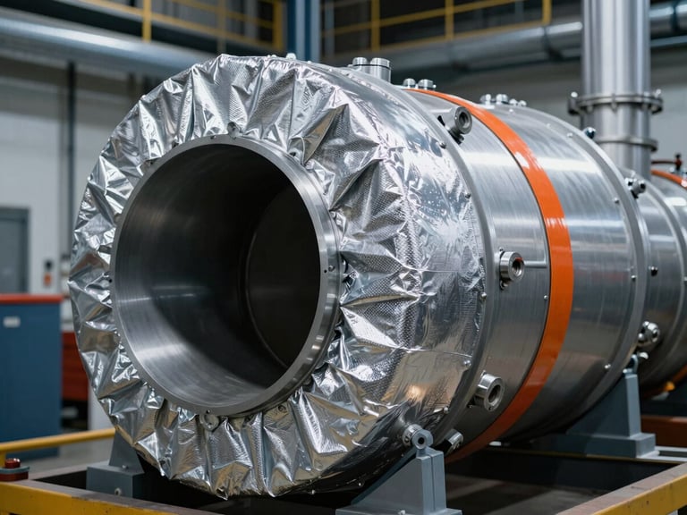 Industrial turbine casing with advanced thermal insulation blankets, high-contrast industrial lighting, cool metallic tones.