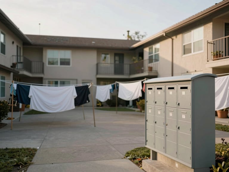 Environmental medium-wide shot of a Southern California apartment complex courtyard, laundry lines visible, a family mailbox bank in foreground, warm natural daylight from the left, residential feel, no people, slight depth of field blur on background