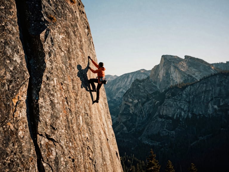 A climber scaling a sheer granite cliff face in the North Cascades, wearing technical orange outerwear, low-angle dramatic backlighting.