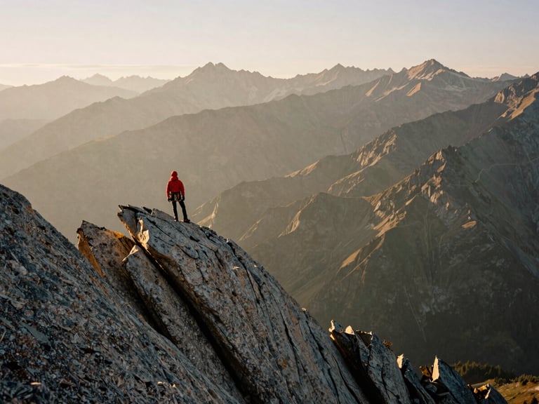 Extreme wide environmental shot of a climber on a jagged granite ridge at golden hour, wearing technical red outerwear, expansive mountain peaks in the background with soft misty valleys.