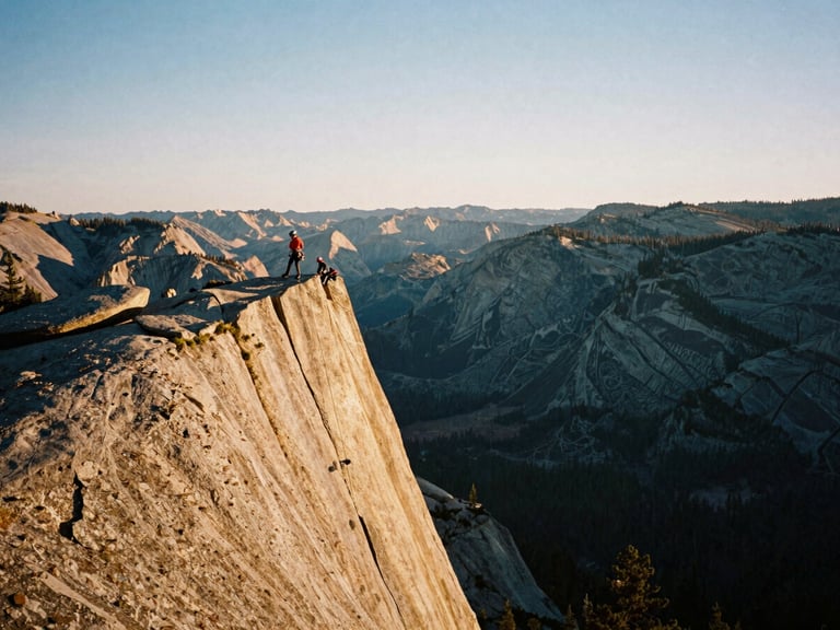 An extreme wide shot of a climber on a sheer granite cliff in the Cascade Mountains, low-angle golden hour light casting long shadows, vast wilderness stretching to the horizon.