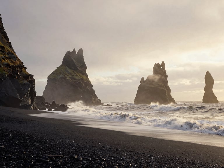 Wide environmental shot of a rugged coastline with towering sea stacks, heavy mist, and waves crashing against dark volcanic sand.