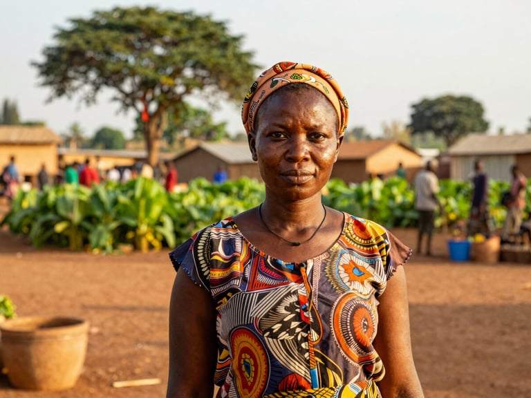 Professional portrait of an Ivorian woman entrepreneur in a bright outdoor agricultural market in Bouaké, warm golden-hour sunlight, authentic documentary style, 35mm