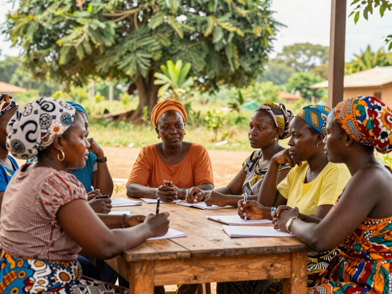 Collaborative community workshop in Bouaké, Ivorian women leaders engaged in discussion around a wooden table, soft bright natural daylight, 35mm