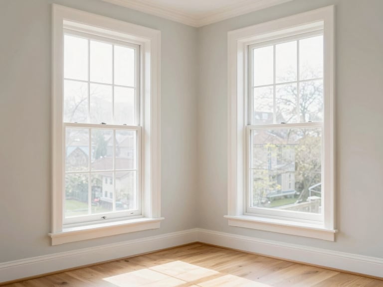 A clean, bright residential room with freshly installed white window frames, spotless glass, soft morning light spilling onto a tidy wooden floor