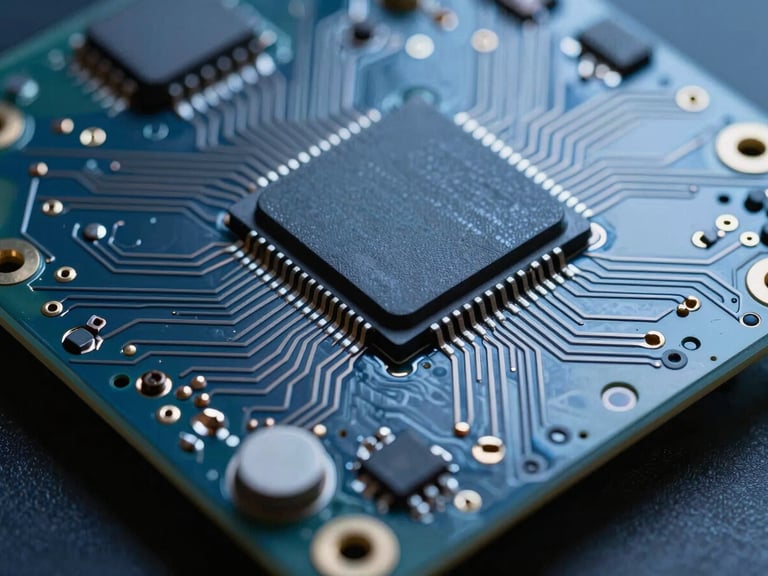 Extreme macro shot of a multi-layer automotive circuit board, cool blue studio lighting, metallic silver traces and microprocessors, ultra-detailed 85mm lens