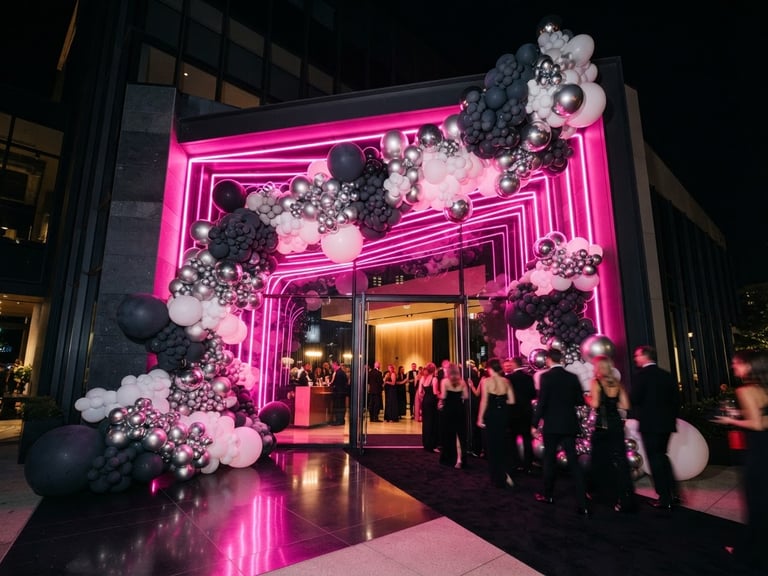 Luxury event entrance with an asymmetrical architectural balloon installation in charcoal, white, and silver, backlit by intense pink neon light strips, professional editorial photography, wide-angle 35mm.