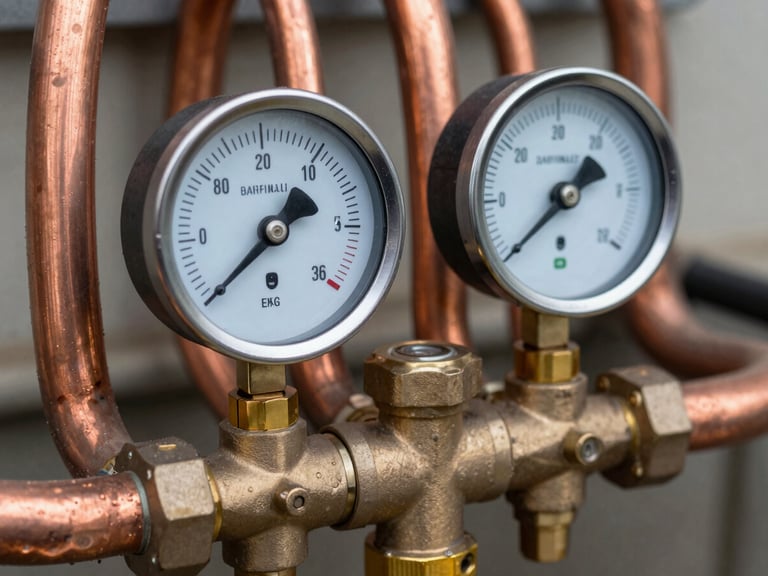 Macro shot of copper refrigeration lines and brass manifold gauges displaying system pressure readings under clean daylight.