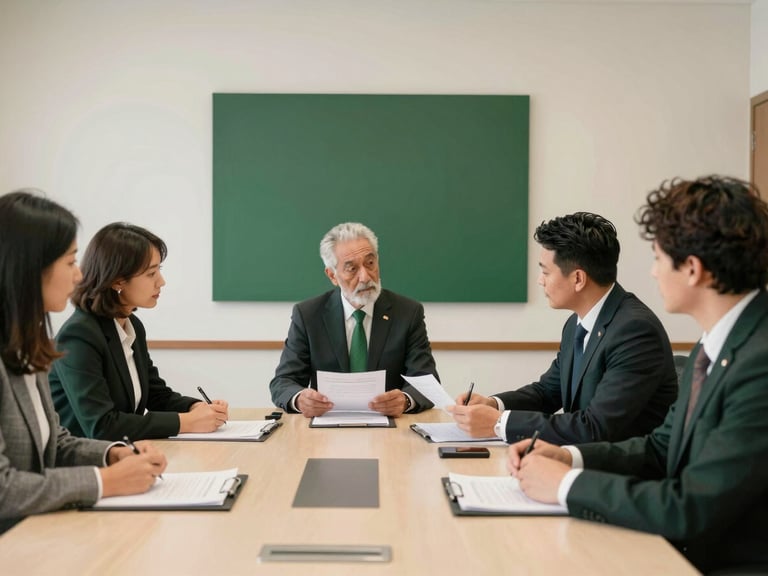 Professional staff in a structured meeting reviewing documents, clean office environment, bright natural Arizona daylight, 35mm, stately institutional photography