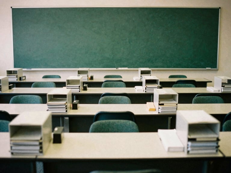 Organized administrative office with clear desks and filing systems, bright natural Arizona daylight, 35mm, stately institutional photography