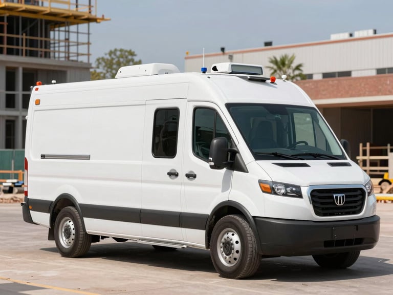 Crisp commercial photography of a clean modern mobile testing unit vehicle parked at a Denver construction site, bright daylight, 35mm, sharp focus