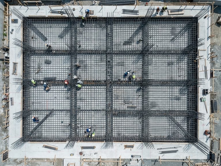 Zenith view of a clean, highly organized construction site with precisely laid foundation steel bars, sharp natural daylight, 35mm lens