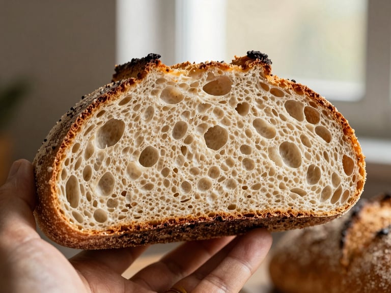Primer plano de una mano cortando una rebanada de pan de masa madre recién horneado, miga aireada visible, luz lateral cálida.