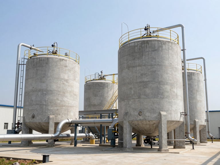 A wide architectural daylight shot of a modern concrete and steel municipal wastewater filtration facility, showing large industrial processing tanks and clean piping systems under bright clinical daylight, highly detailed engineering layout.