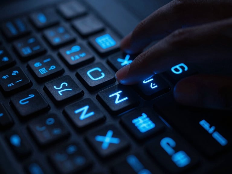 Macro close-up of a dark keyboard with glowing neon blue letters, fingers typing code-like text on screen, high contrast cyber tones