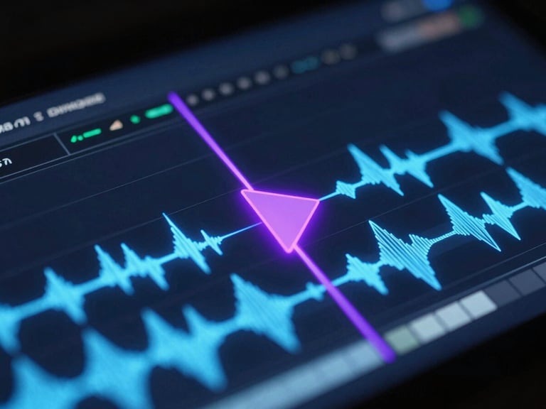 Macro close-up of a modern video editing timeline on a glowing dark screen, neon purple playhead, electric blue audio waveforms, high-contrast cyber studio lighting.