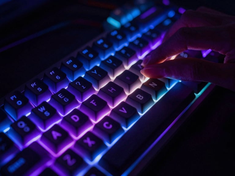 Close-up of hands on a mechanical keyboard with glowing RGB backlighting, shallow depth of field, cyber purple and electric blue ambient light reflections on keycaps.