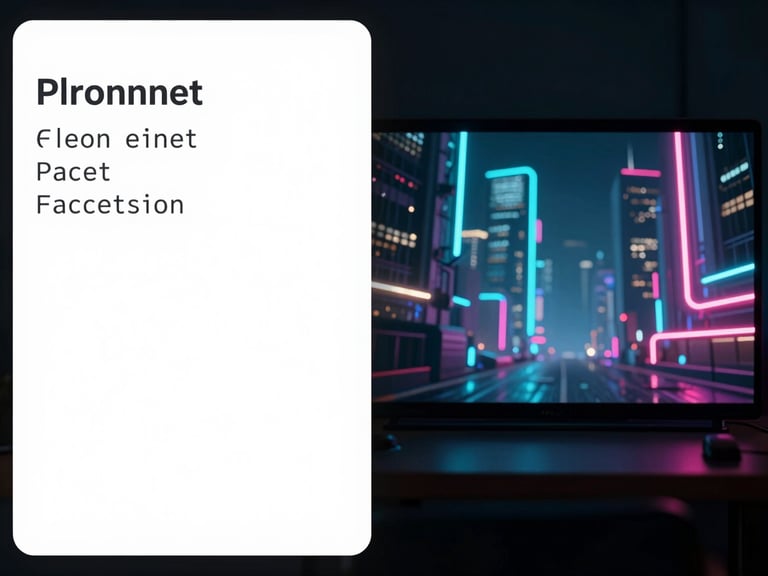 Split-screen interface mockup of an AI video generator, text prompt input box on the left with monospace font, rendered cinematic video frame of a futuristic neon city on the right, dark studio ambient light.