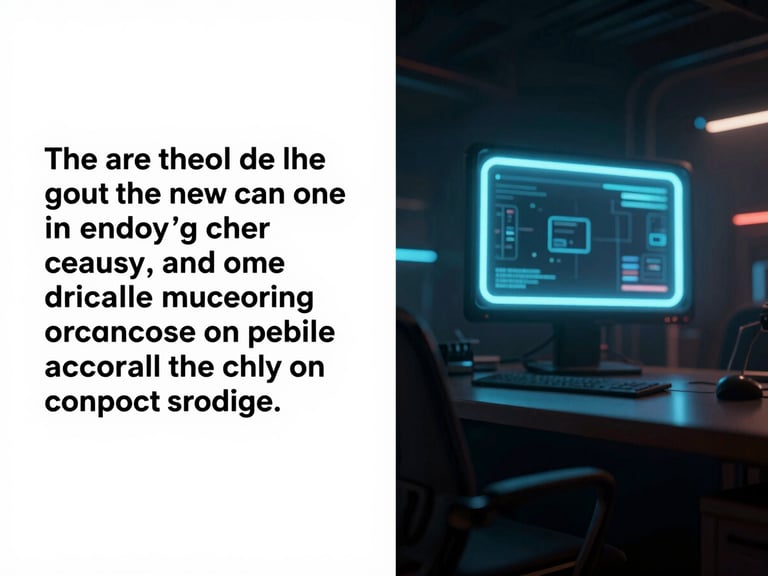 Split-screen interface showing a text prompt on the left and a rendered sci-fi cinematic scene with neon lighting on the right, dark-mode digital photography