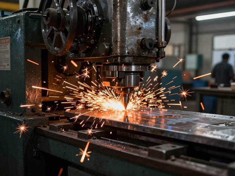 A heavy industrial metal stamping press in a Madurai factory, bright orange-copper sparks flying as steel plates are forged, high-contrast dark atmosphere.