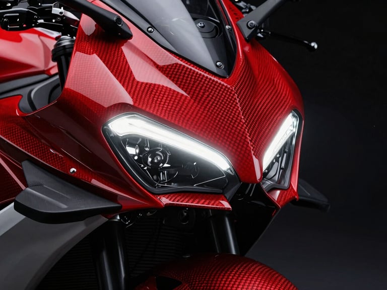 Extreme close-up of a modern motorcycle LED headlight, sharp red carbon fiber body panels, dark studio lighting, high contrast
