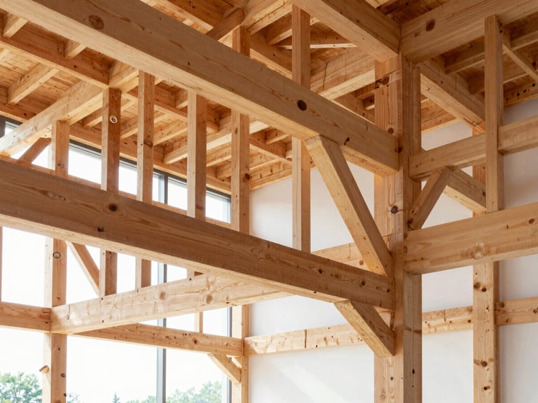 Sharp architectural photo of exposed heavy timber structural framing, bright natural daylight, high contrast, 35mm