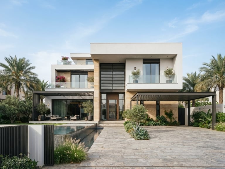 A high-end modern Saudi villa exterior, crisp daylight, architectural focus on clean lines and premium finishes, 35mm photography