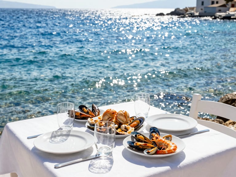 Bright Mediterranean photography, a high-contrast shot of a sun-drenched coastal dining table with fresh seafood, sparkling blue water of the lagoon in the background, 35mm lens.