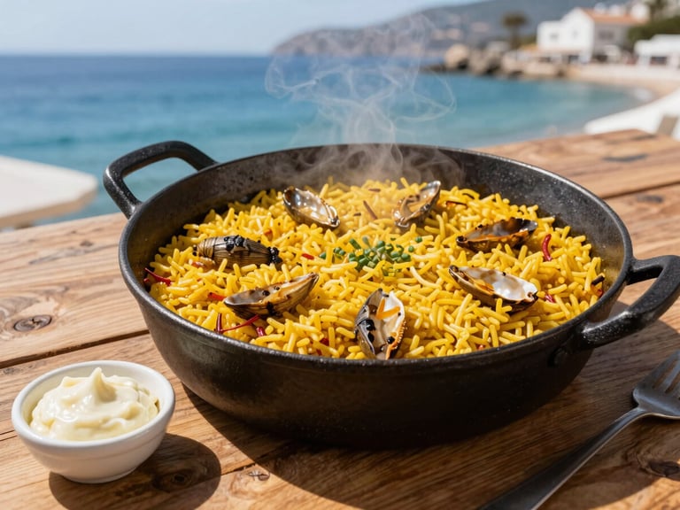 A steaming black iron pot filled with rich yellow caldero rice, garlic alioli on the side, rustic wooden table, bright coastal light