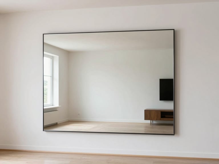 Straight-on architectural photography of a bright modern living room with a large custom-cut wall mirror reflecting a clean minimalist interior, natural daylight, neutral tones
