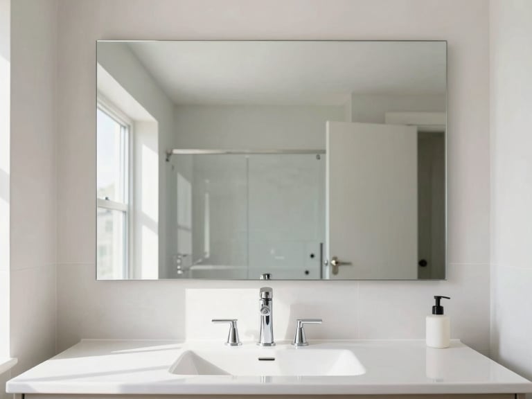 Straight-on architectural photograph of a luxury bathroom, showcasing a custom-cut distortion-free mirror reflecting a bright minimalist vanity, natural daylight.