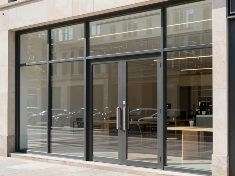 Architectural exterior shot of a modern commercial storefront with clean glass panes and dark metal frames, bright daylight reflecting crisp street details, sharp focus