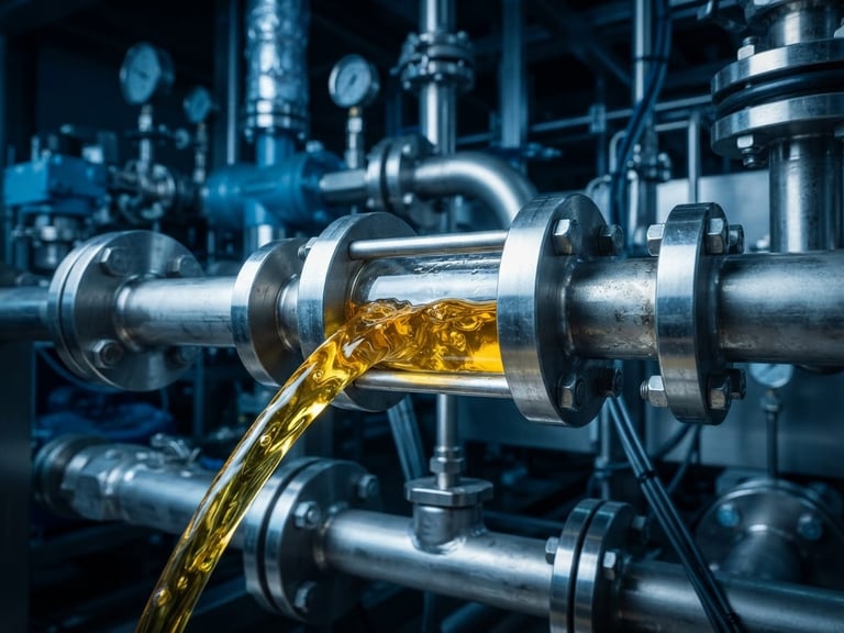 Macro shot of golden refined lipid fluid flowing through stainless steel industrial pipes, cool petroleum blue background, high contrast lighting