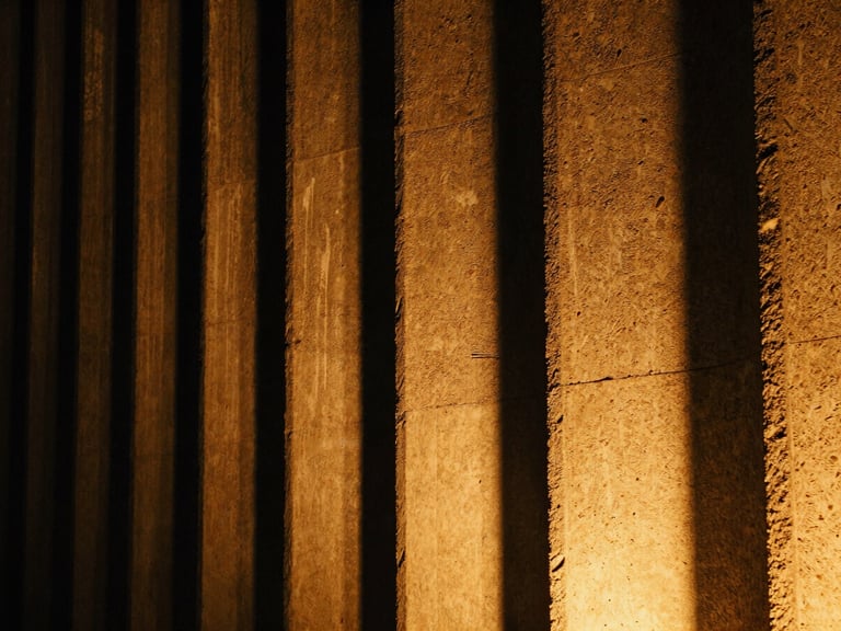 Close-up of warm amber architectural light grazing a rough, textured concrete facade at night, dramatic high-contrast shadows, grainy film texture