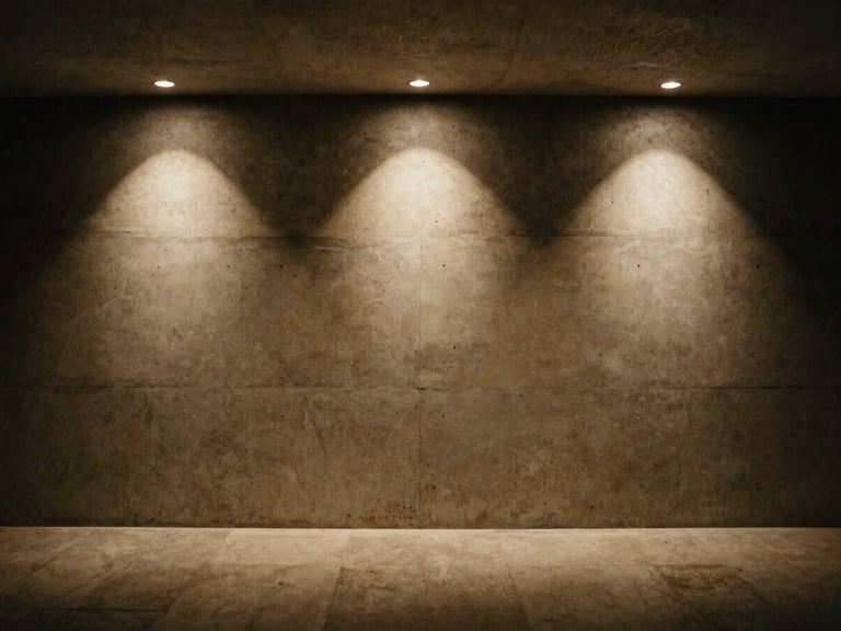 Wide architectural shot of a minimalist hotel lobby wall evenly illuminated by soft, indirect overhead lighting.