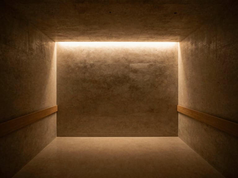 Clean minimalist hospital corridor with soft indirect amber light glowing from hidden ceiling coves, casting no harsh shadows.