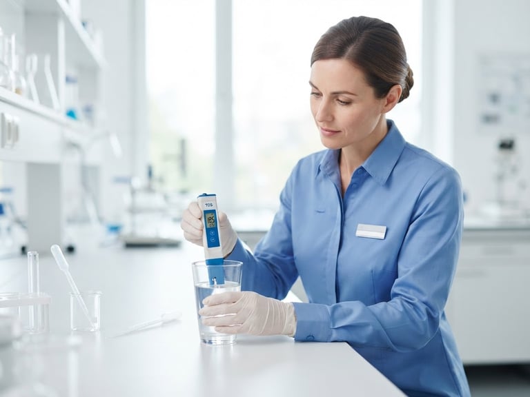 A professional technician in a clean blue uniform using a digital TDS meter to test a glass of water, bright high-key commercial photography, sharp focus