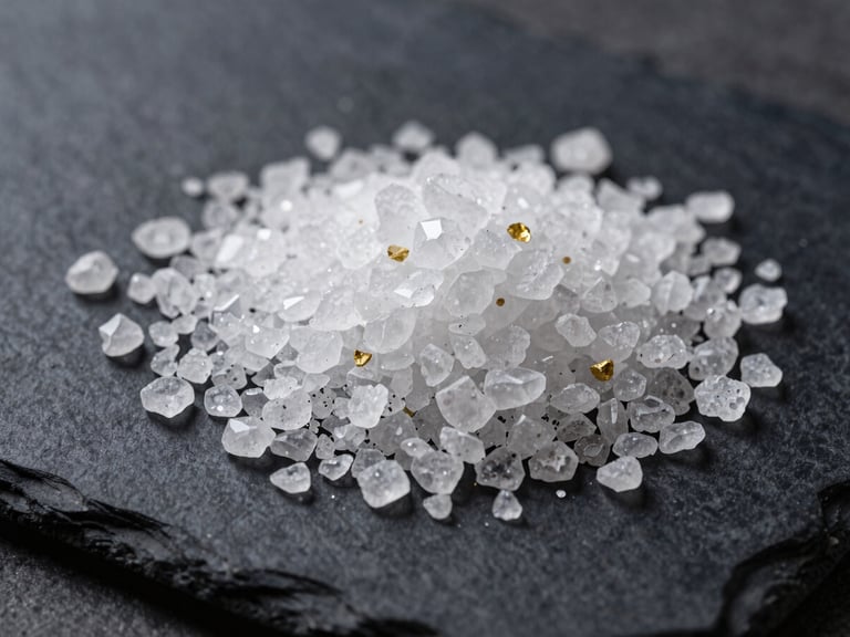 Macro shot of pure white sea salt crystals on a dark textured slate plate, soft side lighting highlighting the geometric facets of the salt.