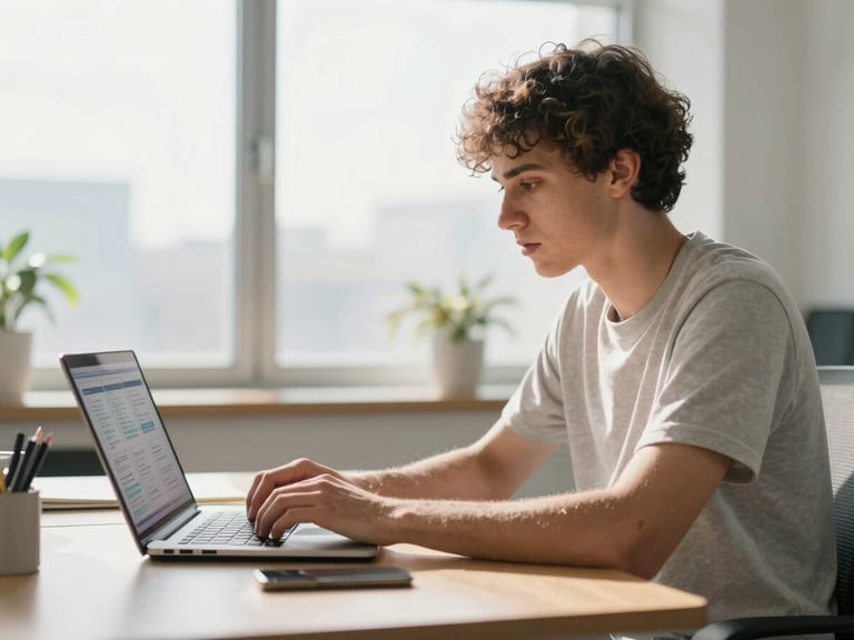 Sebastian at a desk, focused on a laptop with data visualizations, bright natural daylight, modern office setting, shallow depth of field