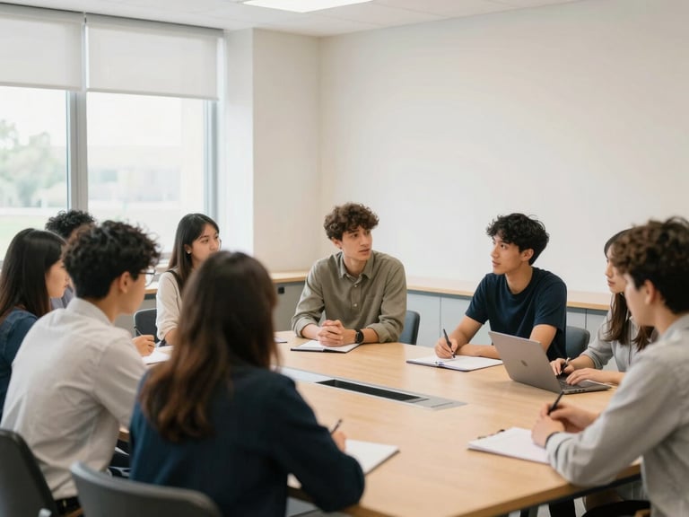 Sebastian leading a small group discussion in a modern campus meeting room, bright daylight, academic setting, medium-wide shot