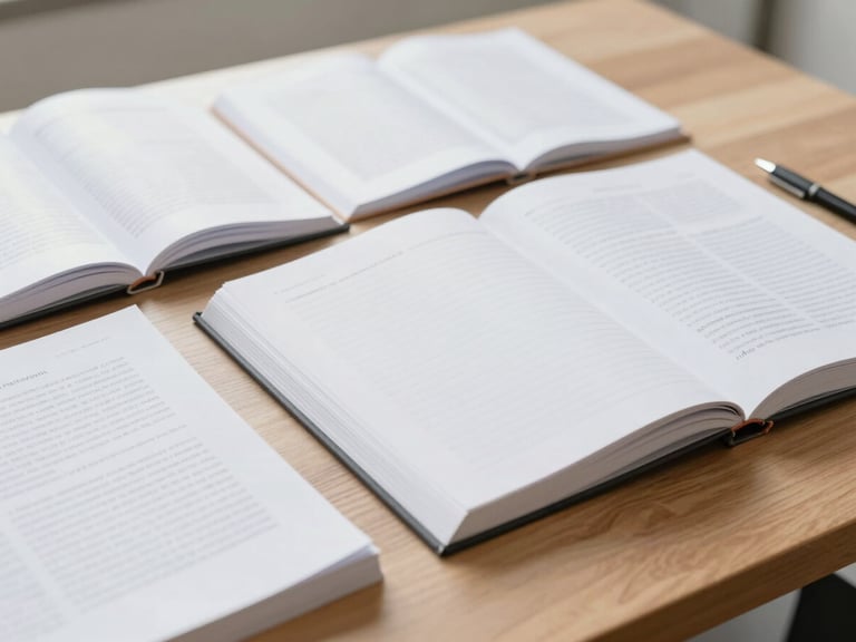 Clean flat-lay of academic books, research papers, and a pen on a wooden desk, soft indoor illumination, shallow depth of field