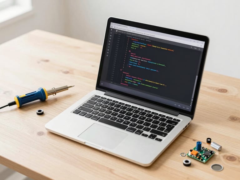 Flat-lay of a desk with a laptop displaying code, a soldering iron, and small electronic components, soft indoor illumination