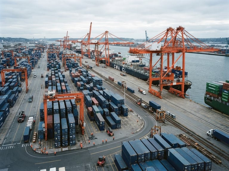 High-angle shot of a deep navy container terminal with stark safety-orange crane structures, cool overcast daylight, sharp focus, 35mm
