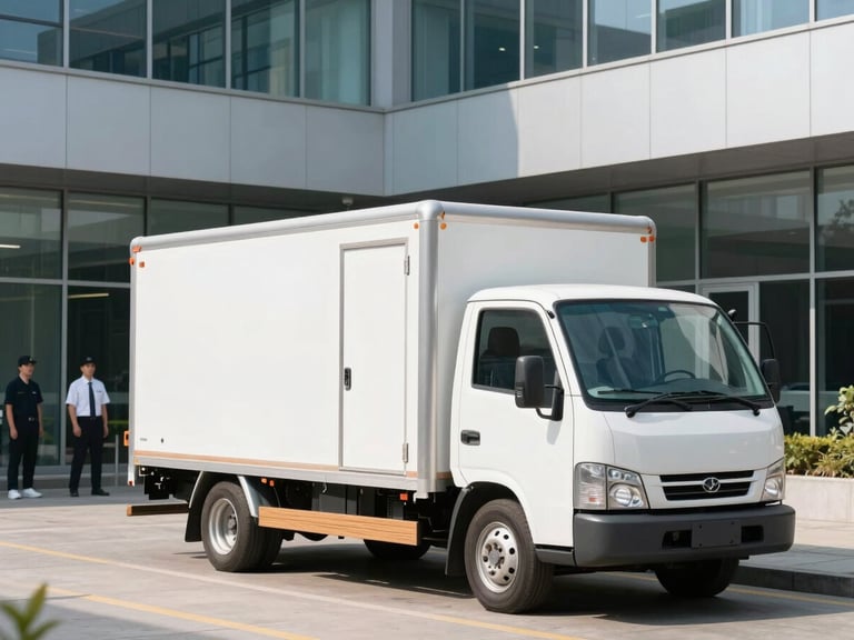 A spotless modern moving truck parked outside a clean, glass-fronted office building in bright morning light, professional crew members in uniform visible.