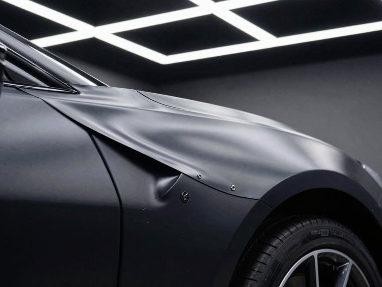 Macro shot of a self-healing polyurethane film being stretched over a matte black hypercar fender, high-contrast studio lighting, bright white LED overhead grid lines reflecting perfectly on the surface.
