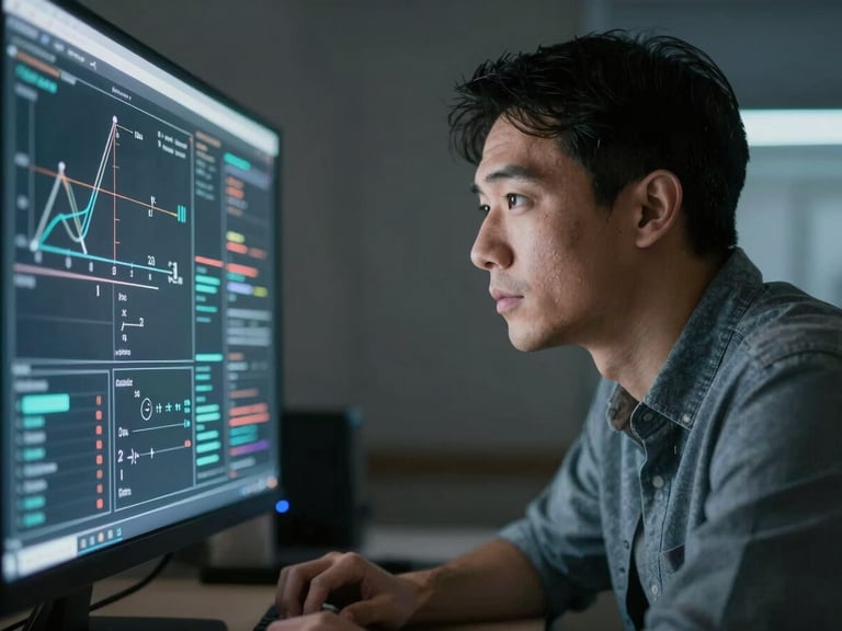 Quiet, candid shot of a quantitative risk analyst in deep focus, low-key cool-toned studio lighting, sharp shadows, mathematical interface reflecting on glass.