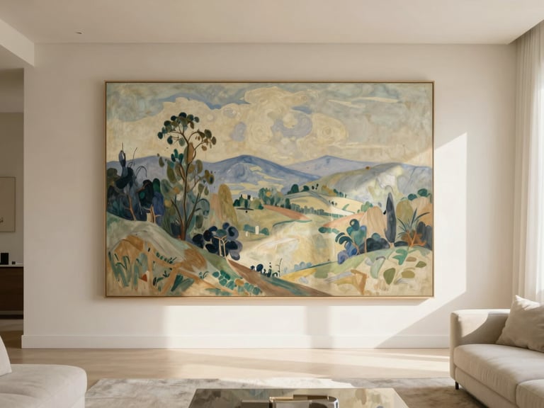 A large-scale Paul Cezanne landscape canvas reproduction hanging in a sun-drenched, minimalist luxury living room, soft afternoon sunlight, alabaster and champagne tones, medium format film.
